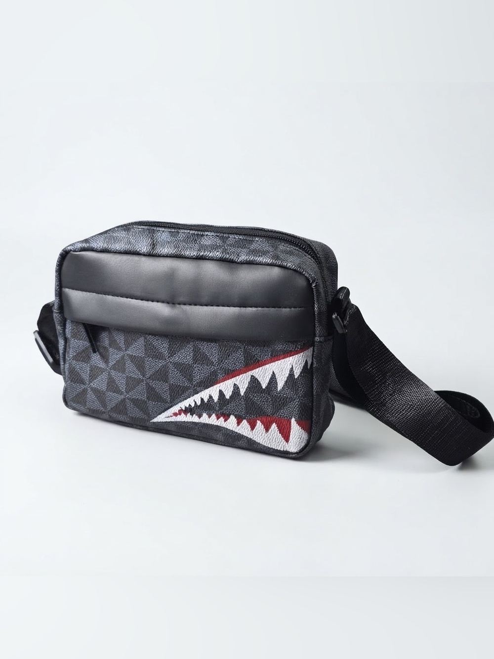 Shark Print Crossbody Bag Black Geometric Pattern Messenger Shoulder Bag EUC